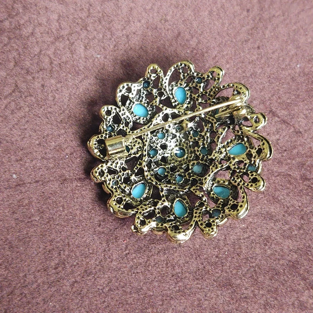 Turquoise Color Beaded Floral Brooch